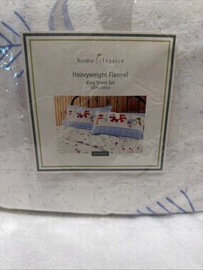 home classics Heavyweight Flannel King Sheet Set - White with Blue Accents